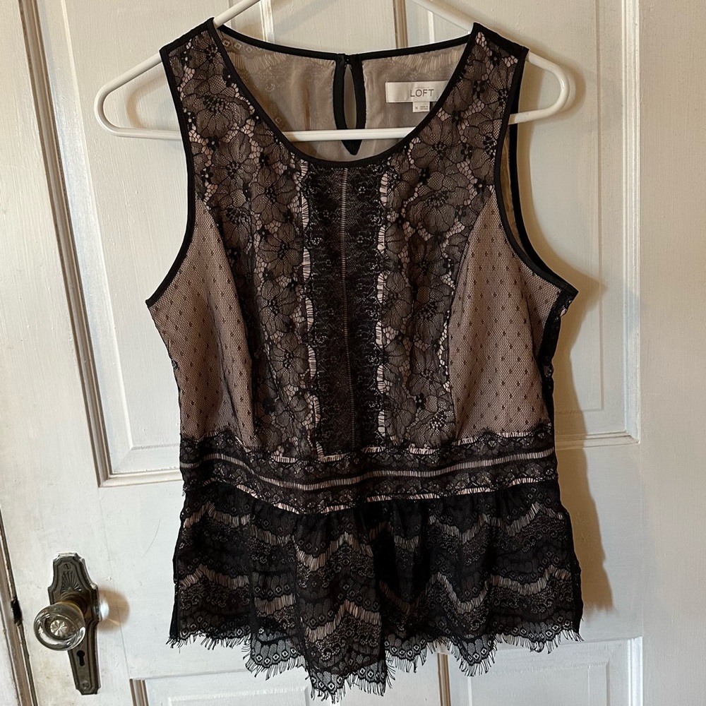 LOFT Brown Dressy Top with Black Lace.